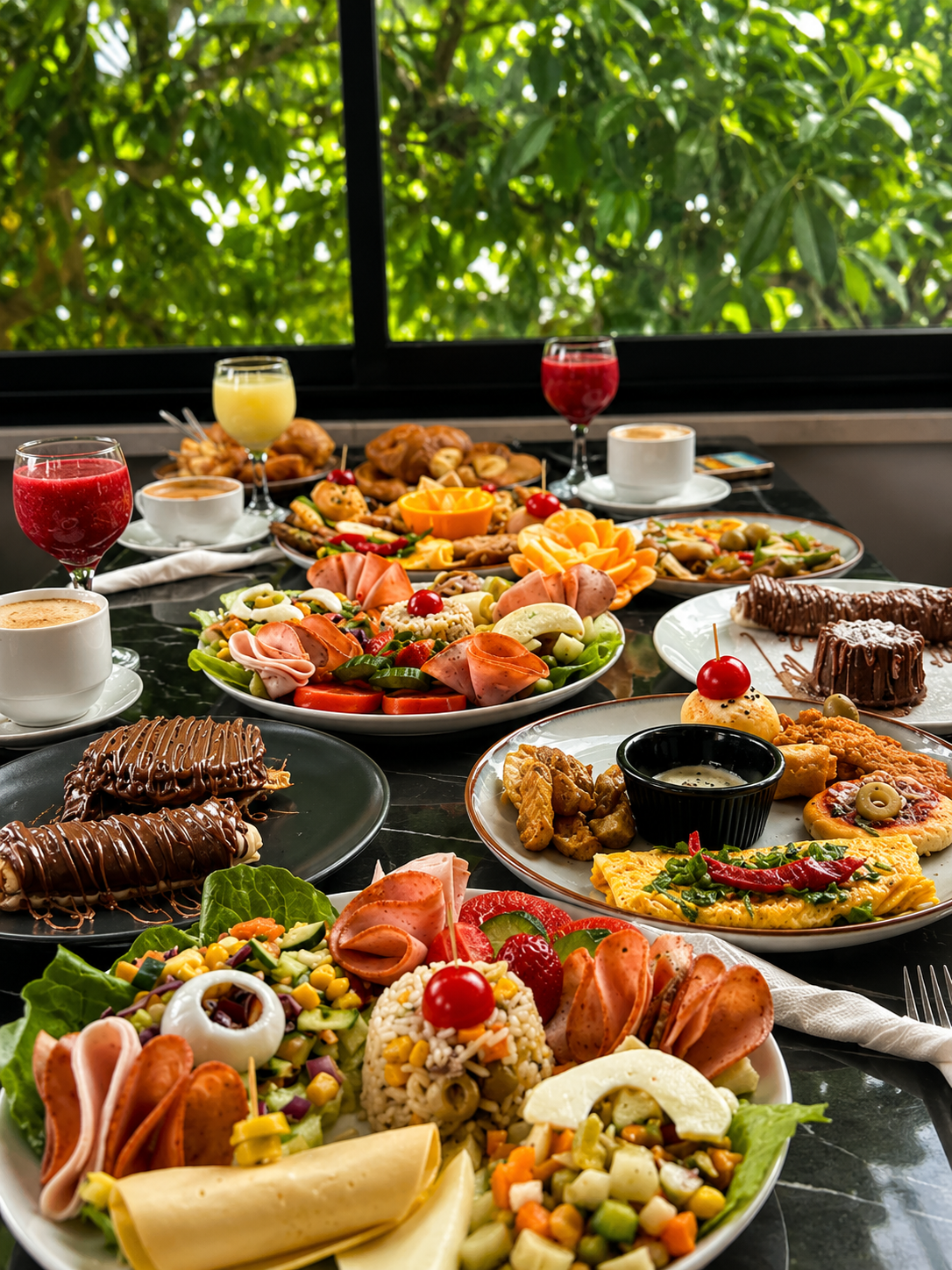 Table de petit déjeuner en marbre avec croissants, omelette et fruits frais